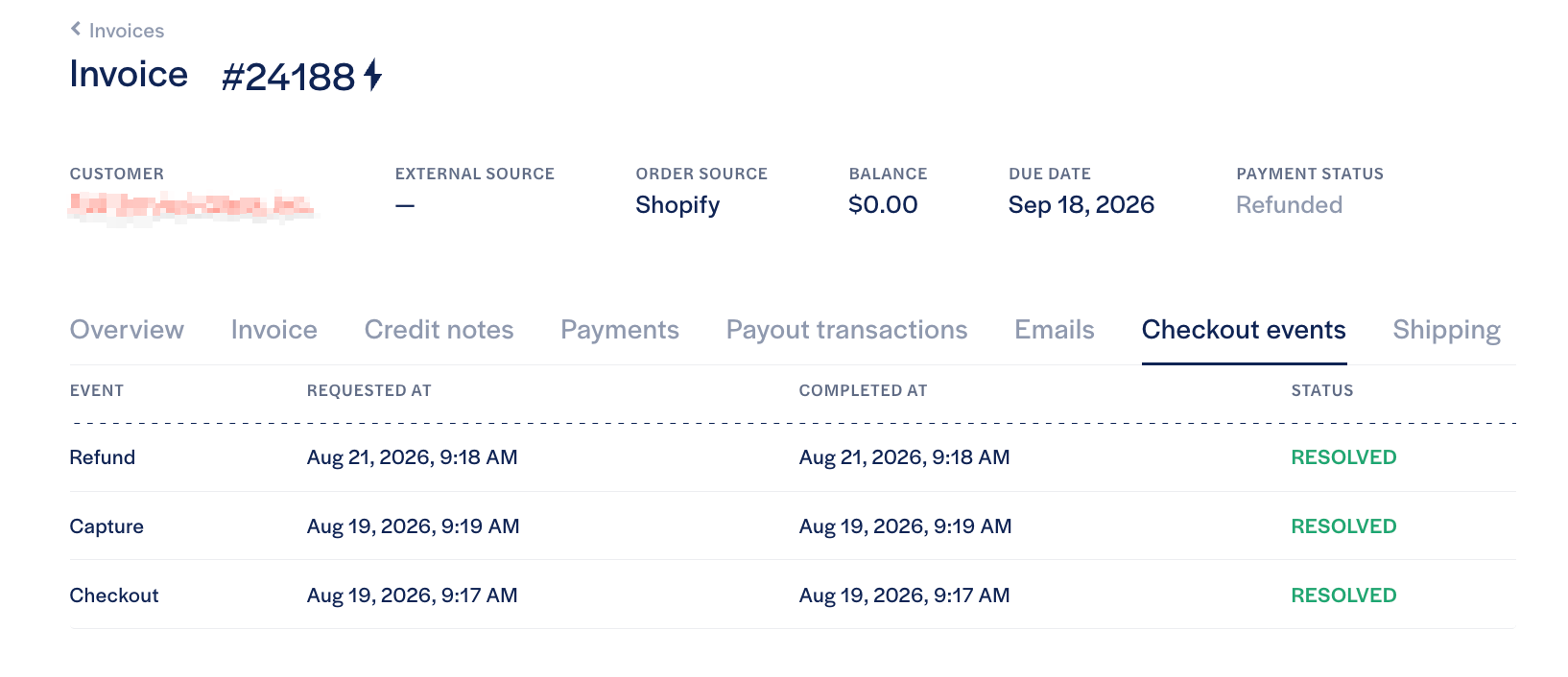 Checkout events tab on the invoice detail page in the Resolve dashboard