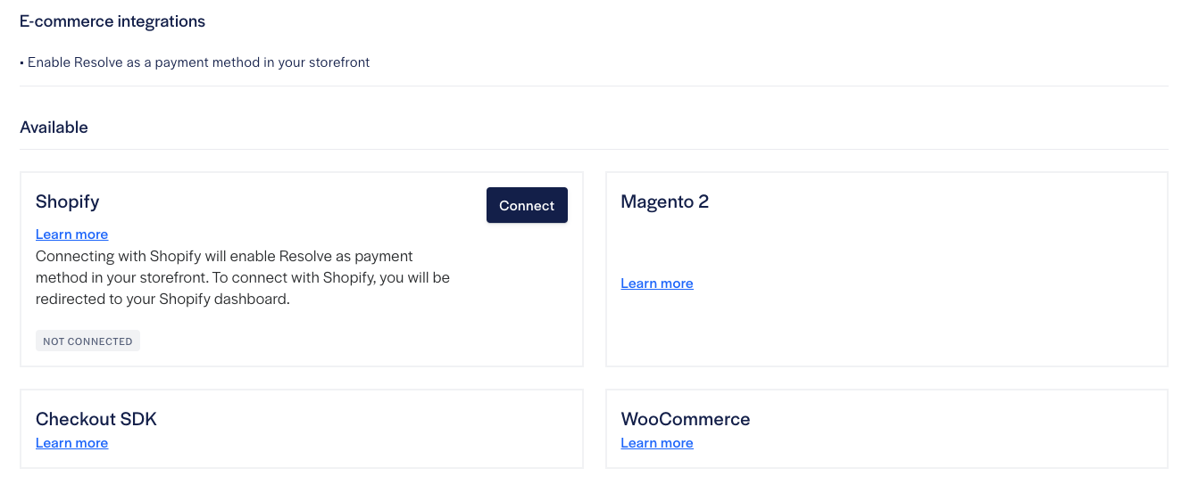 Resolve dashboard > Settings > Integrations