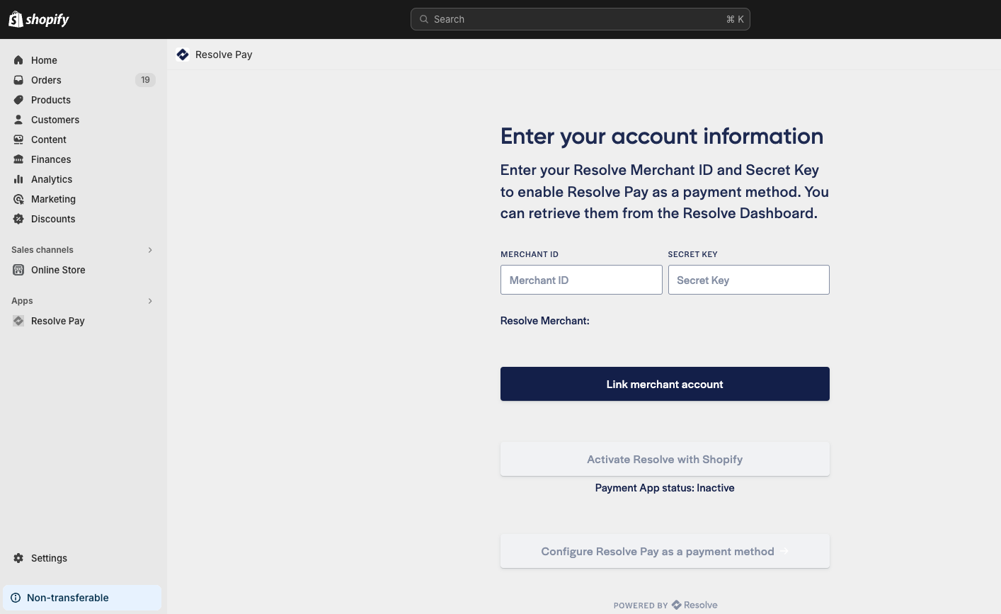 Resolve Pay - App settings in Shopify