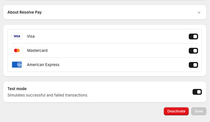 Resolve Pay - app settings in the Shopify dashboard